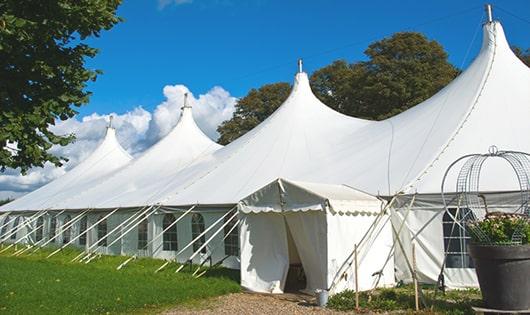 a line of sleek and modern portable restrooms ready for use at an upscale corporate event in Lockeford